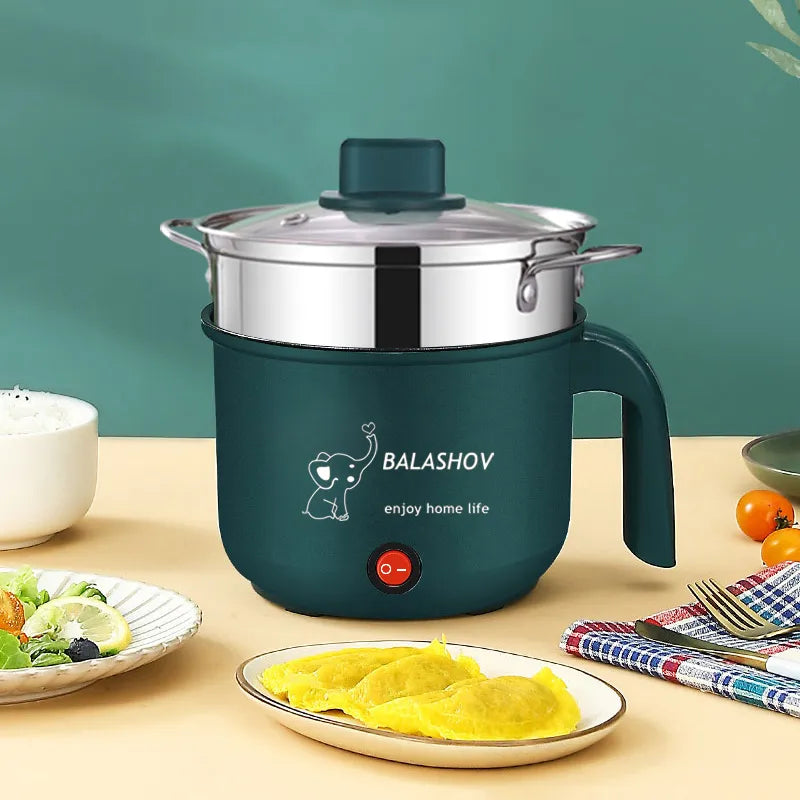 Compact electric cooker: non-stick hot pot, single/double, with steamer