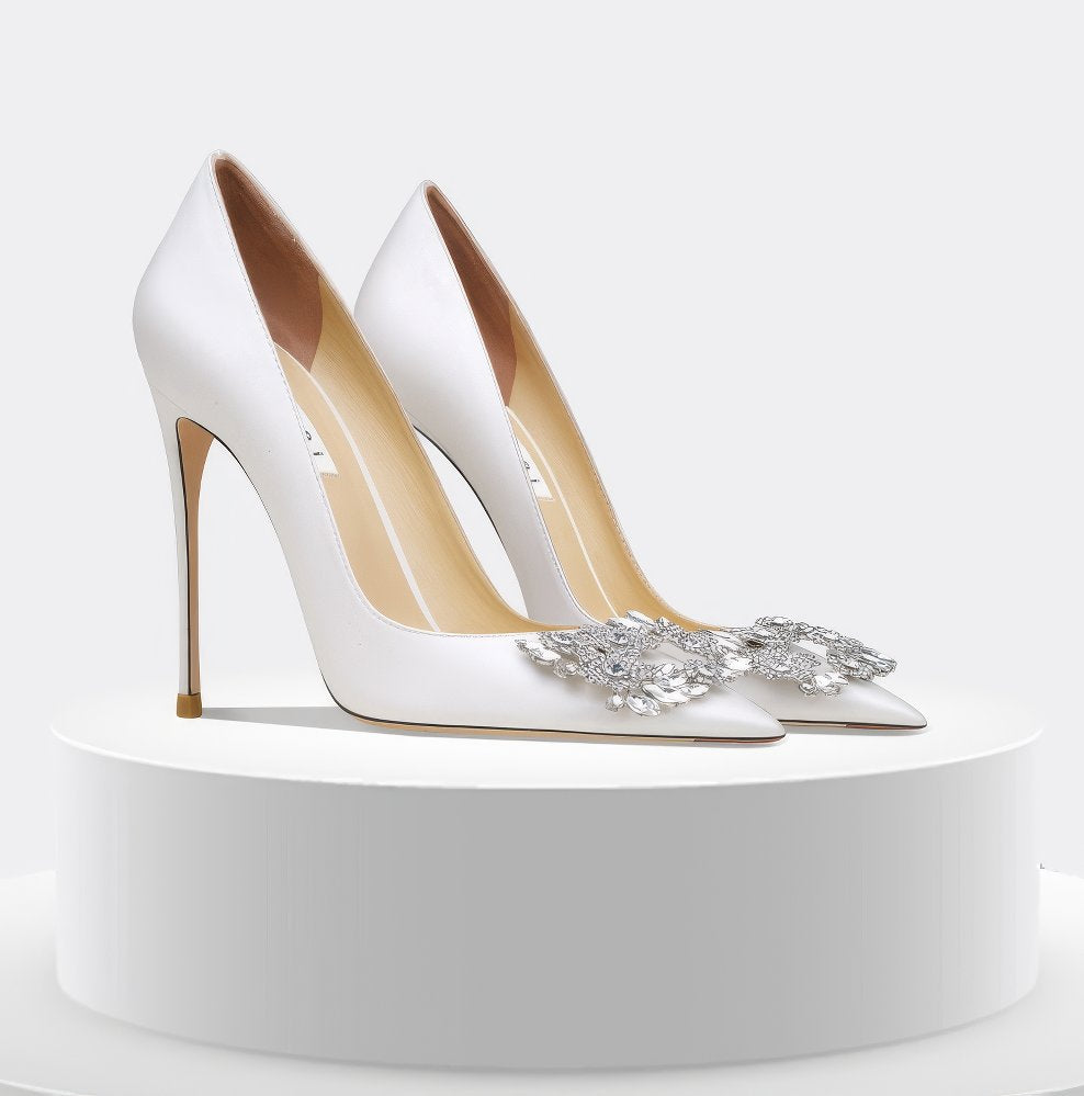 Satin Floral Rhinestone Strass Buckle Stiletto Pumps