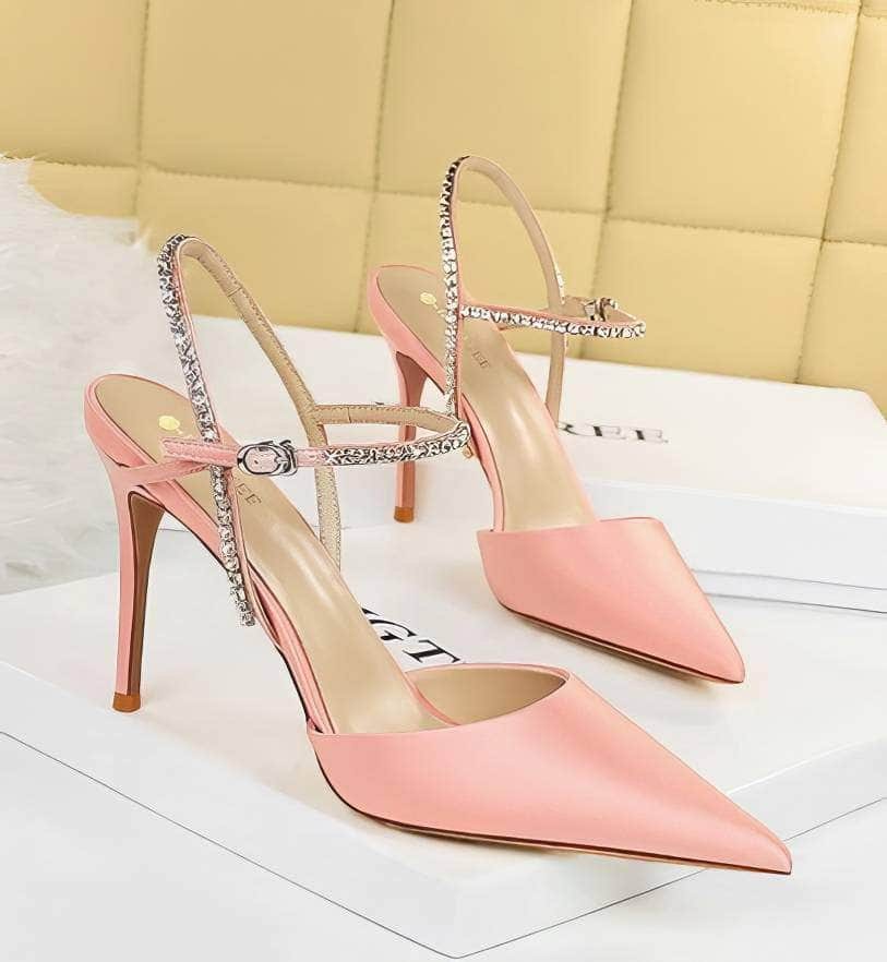 Satin Rhinestone Embellished Strap Stiletto Sandals