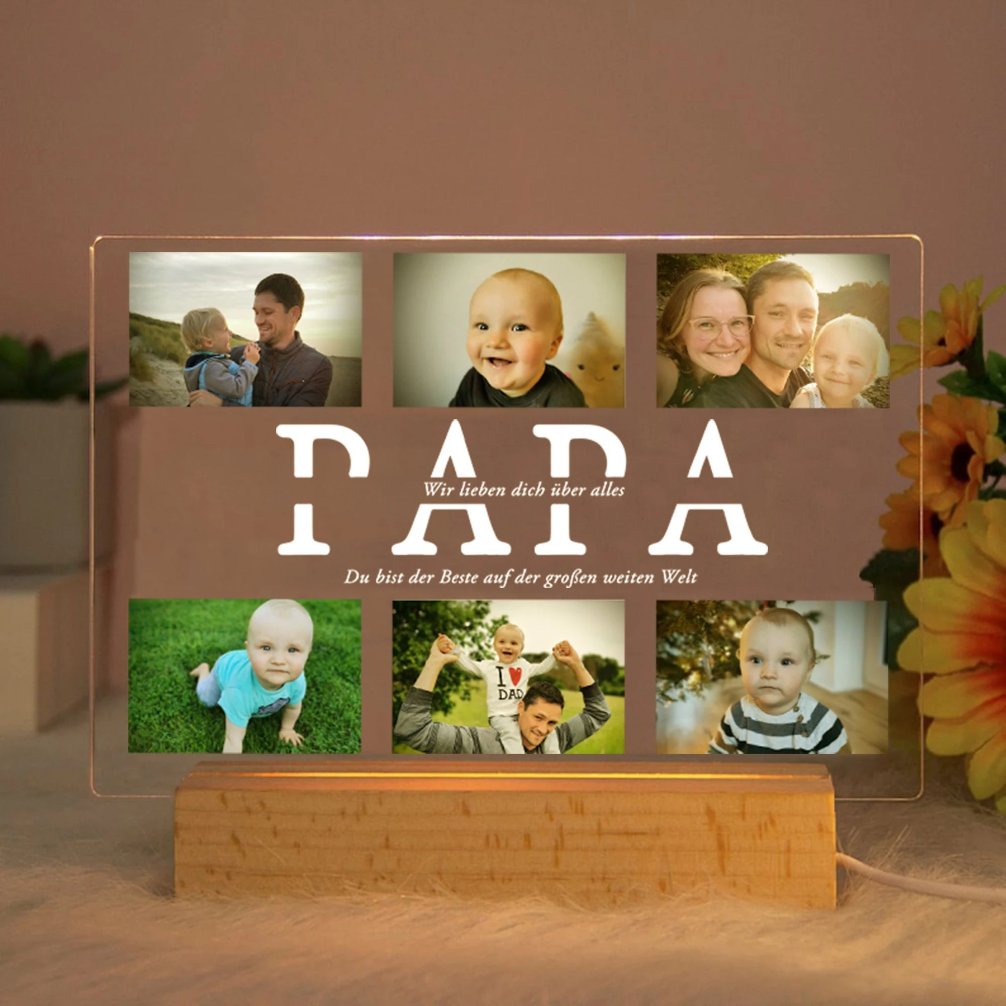 Personalized Acrylic Lamp with Custom Photo and Text - Ideal Bedroom Night Light for MOM DAD LOVE Friend Family Day Wedding Birthday Gift Present PAPA / Warm Light