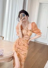 Sheer Puff Sleeves Laced Slim Fit Dress