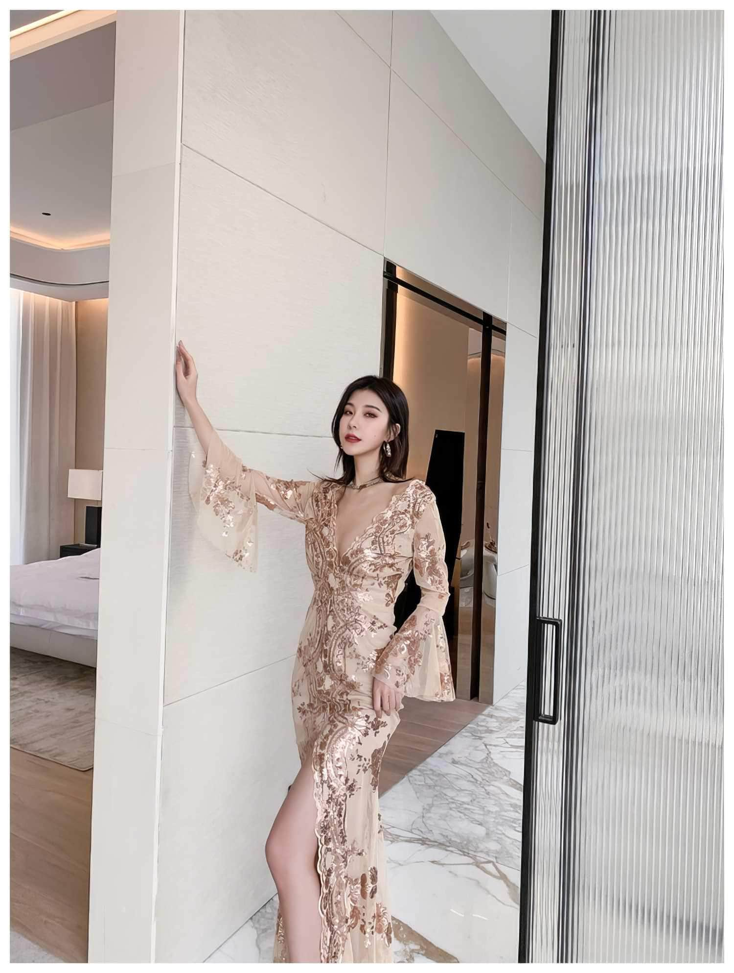 Sheer Sleeve Embroidered Sequin Open Slit Dress