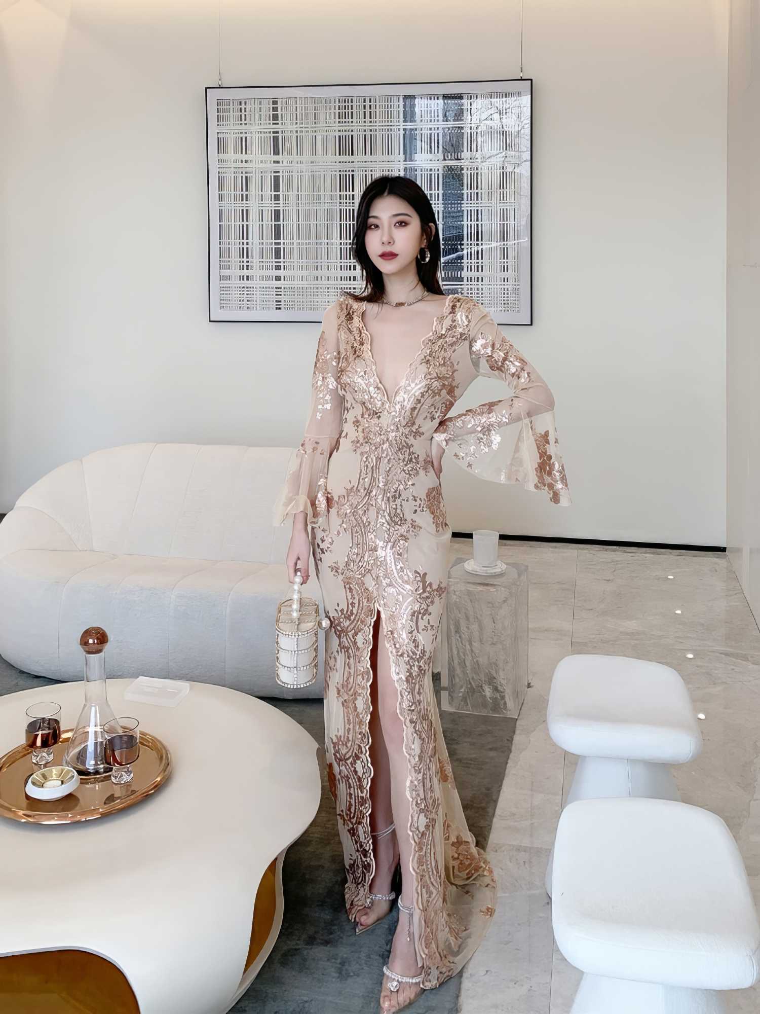 Sheer Sleeve Embroidered Sequin Open Slit Dress