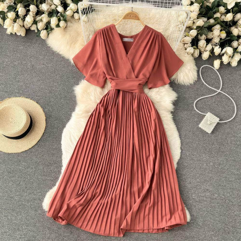 Short Flared Sleeves V-neck Pleated Hem Dress