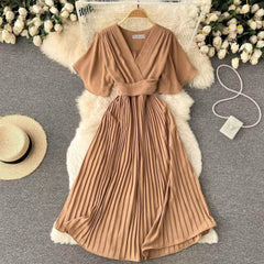 Short Flared Sleeves V-neck Pleated Hem Dress