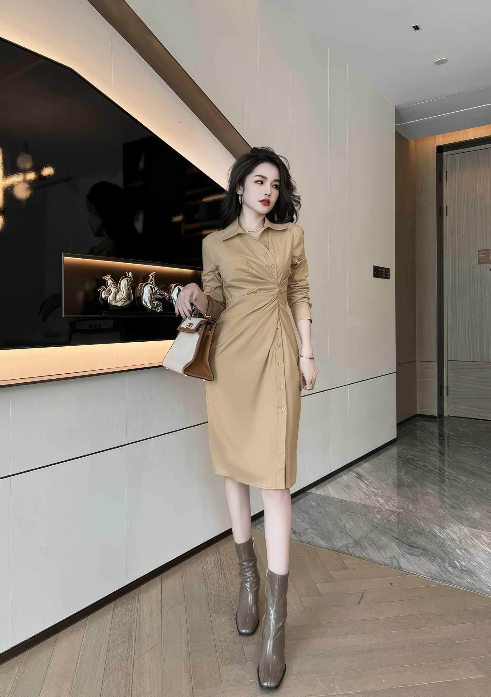 Slim Fit Buttoned Down High Slit Shirt Dress