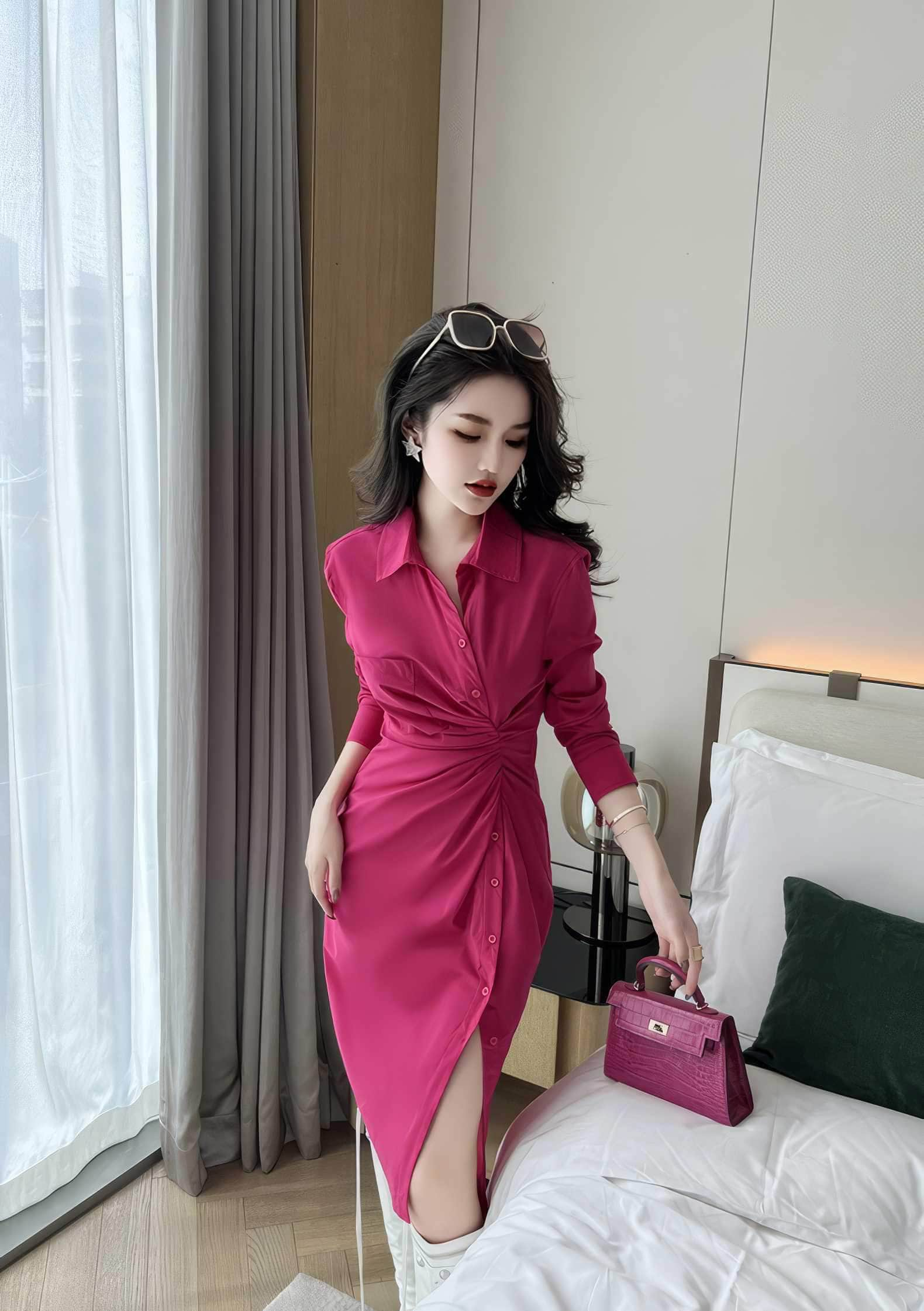 Slim Fit Buttoned Down High Slit Shirt Dress