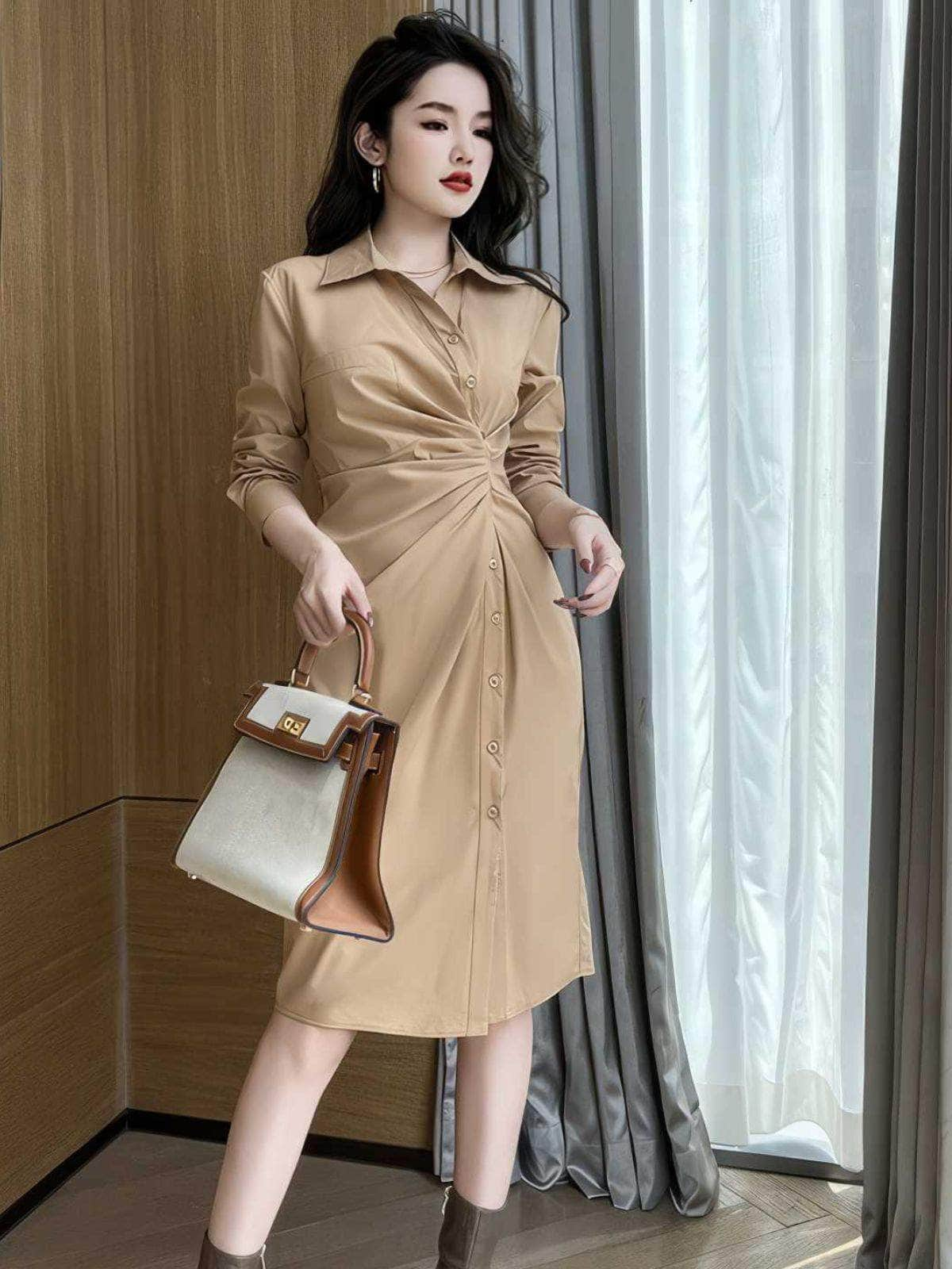 Slim Fit Buttoned Down High Slit Shirt Dress