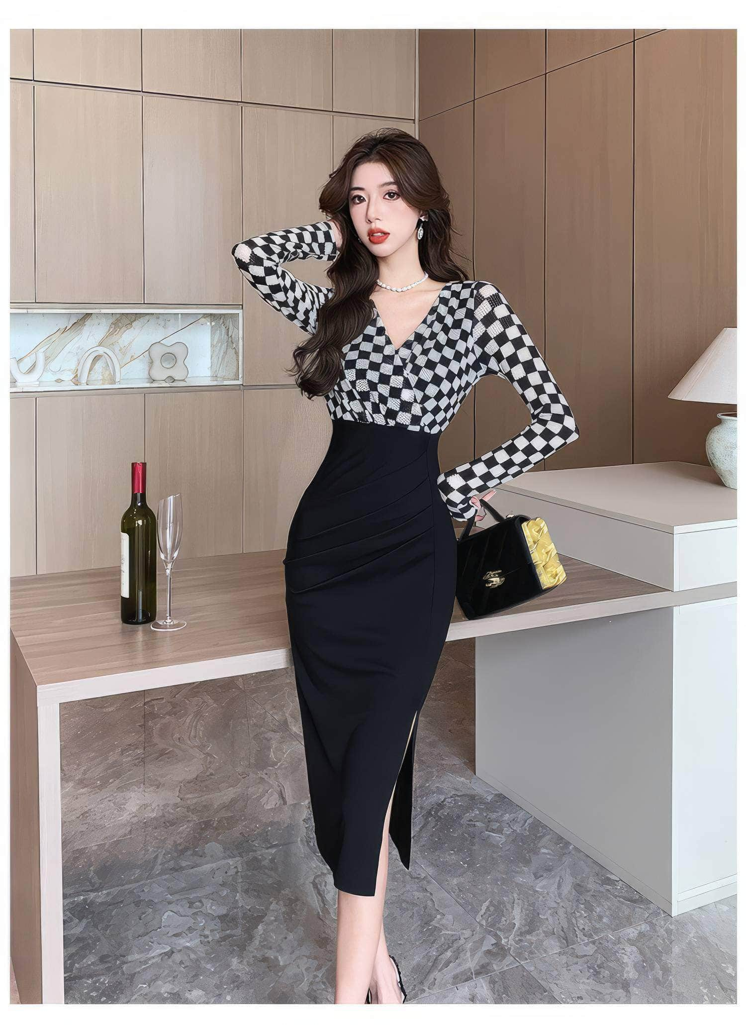 Slim Fit Plaid Pattern Two-Toned Dress