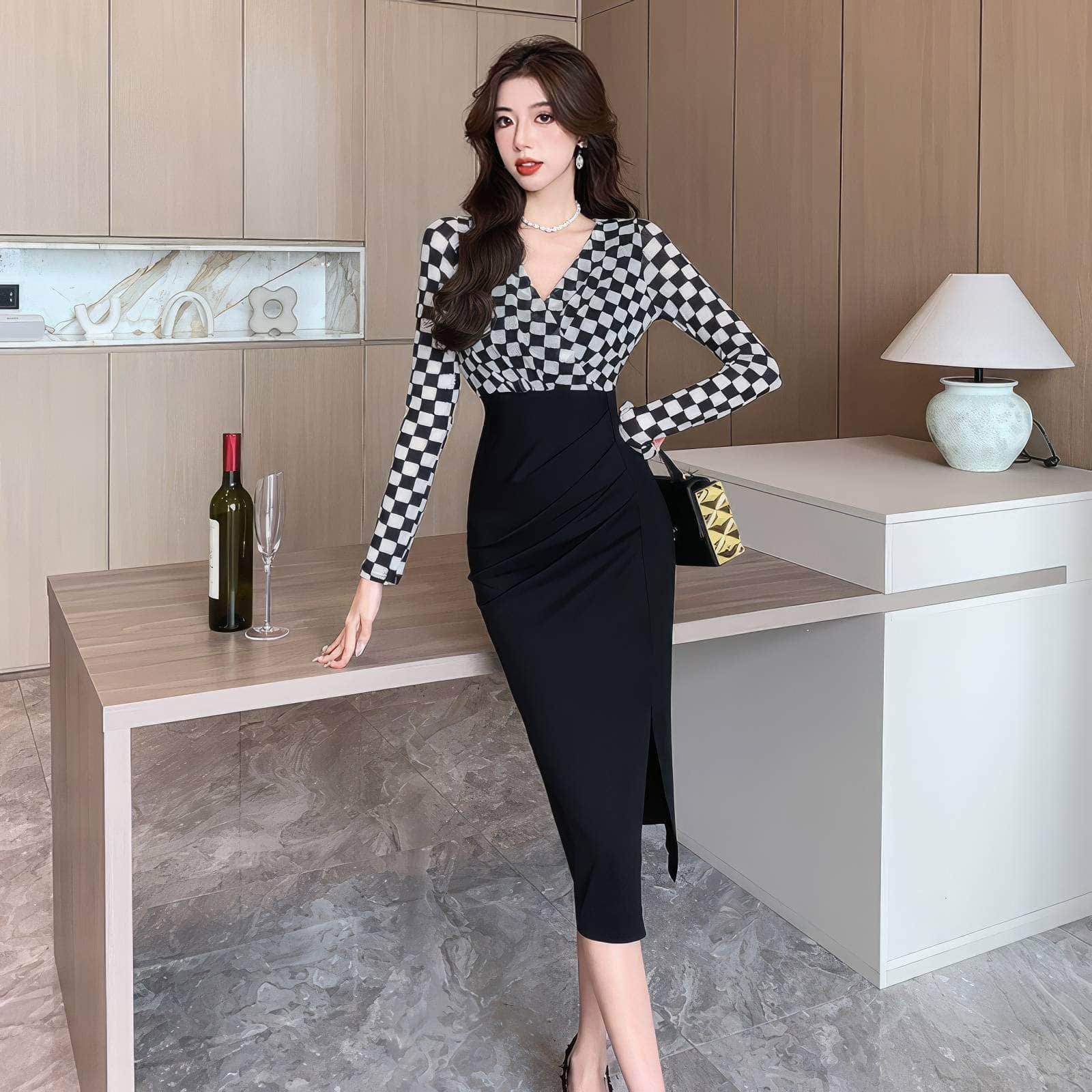 Slim Fit Plaid Pattern Two-Toned Dress