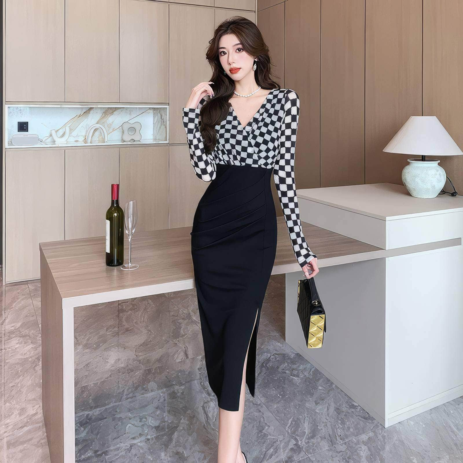 Slim Fit Plaid Pattern Two-Toned Dress