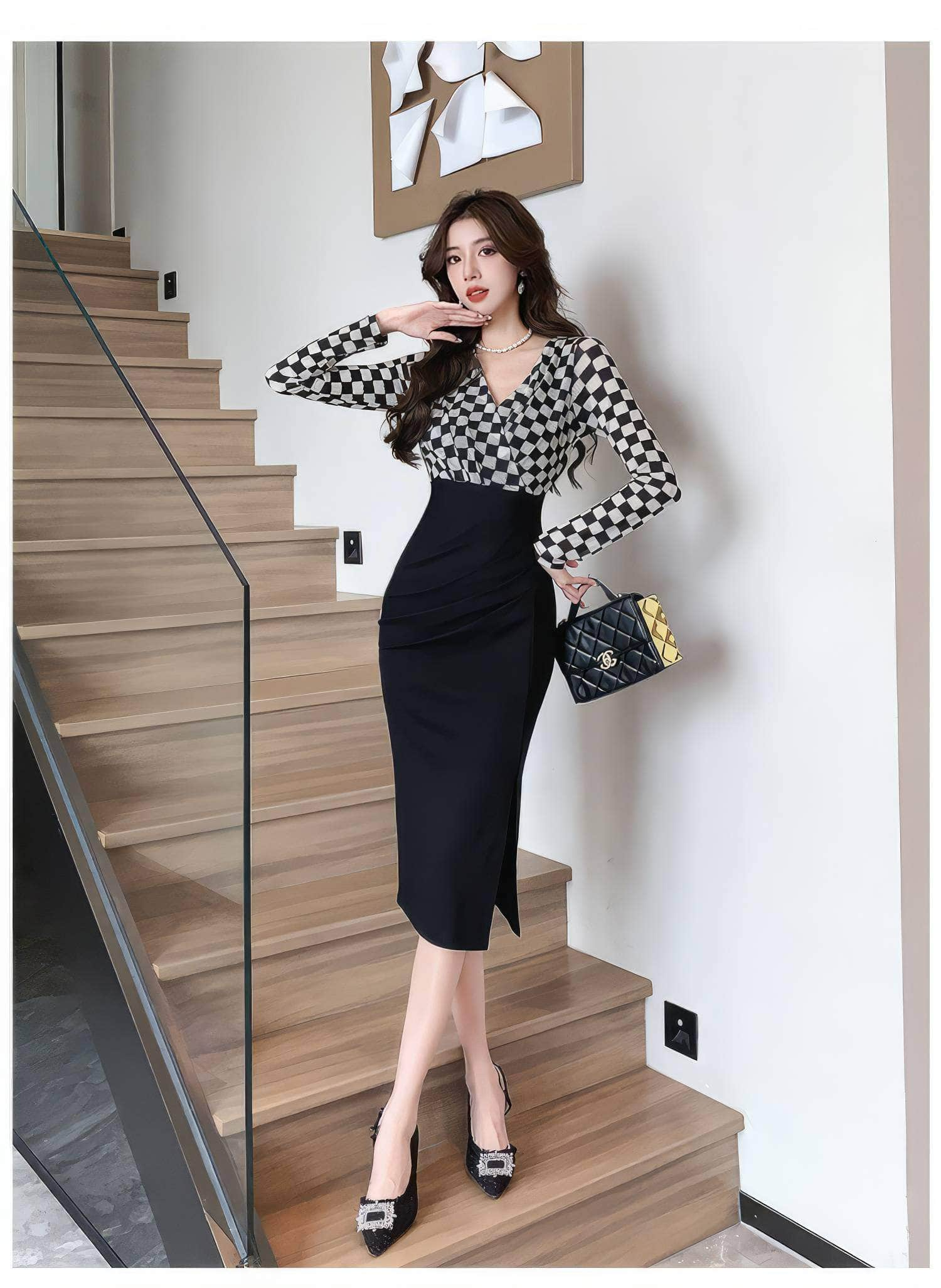 Slim Fit Plaid Pattern Two-Toned Dress