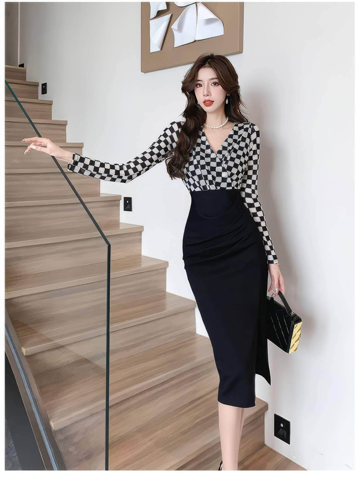 Slim Fit Plaid Pattern Two-Toned Dress