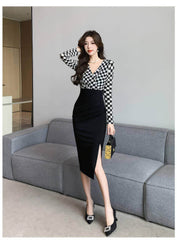 Slim Fit Plaid Pattern Two-Toned Dress