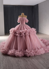 Strapless Layered Tulle Beaded Ball Dress P9Q0R