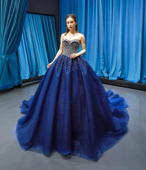 Strapless Sequined Bodice Navy Blue Quinceanera Dress - L4Y3B