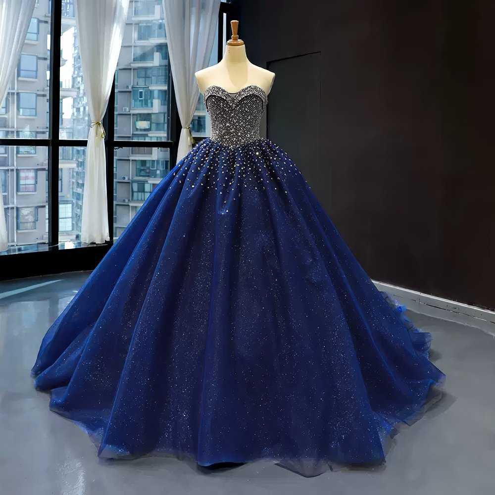 Strapless Sequined Bodice Navy Blue Quinceanera Dress - L4Y3B