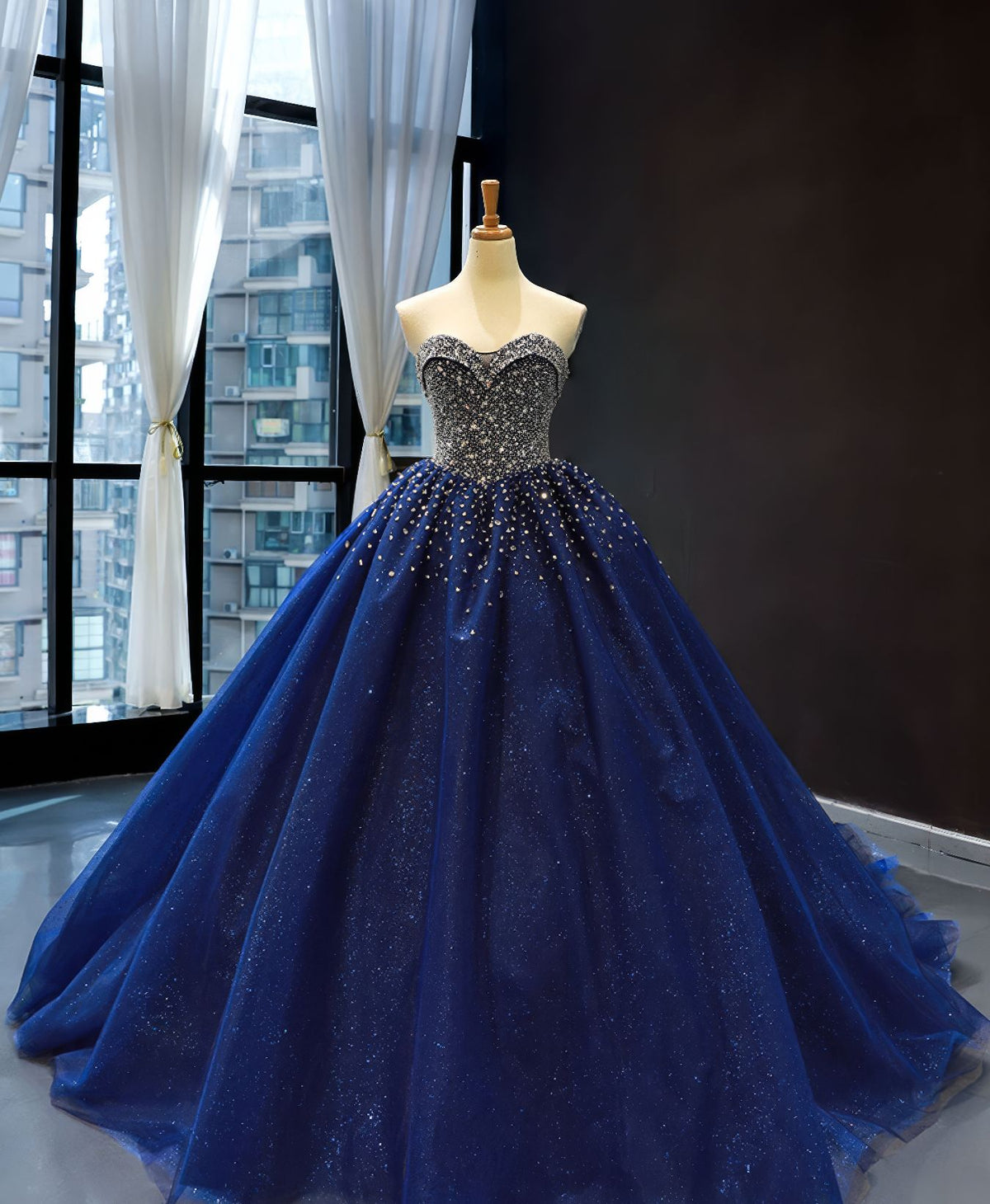 Strapless Sequined Bodice Navy Blue Quinceanera Dress - L4Y3B