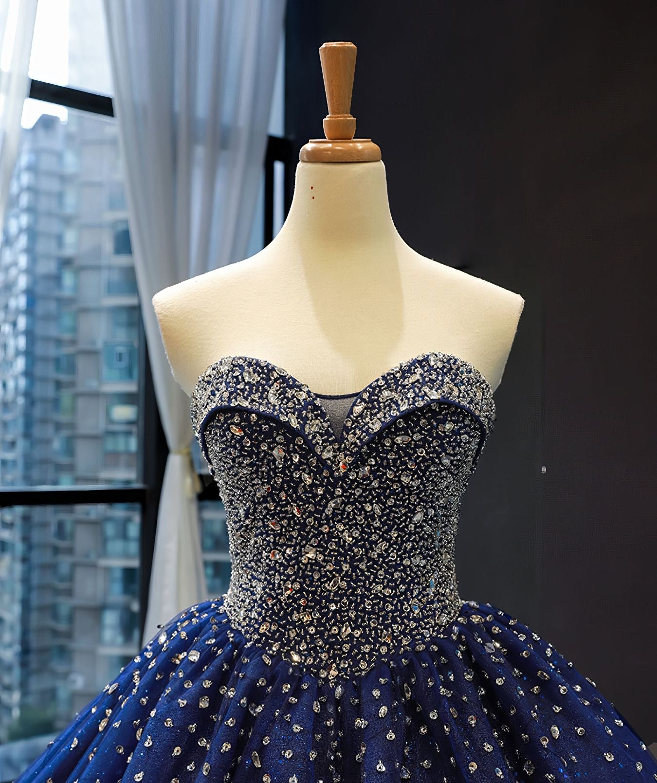 Strapless Sequined Bodice Navy Blue Quinceanera Dress - L4Y3B