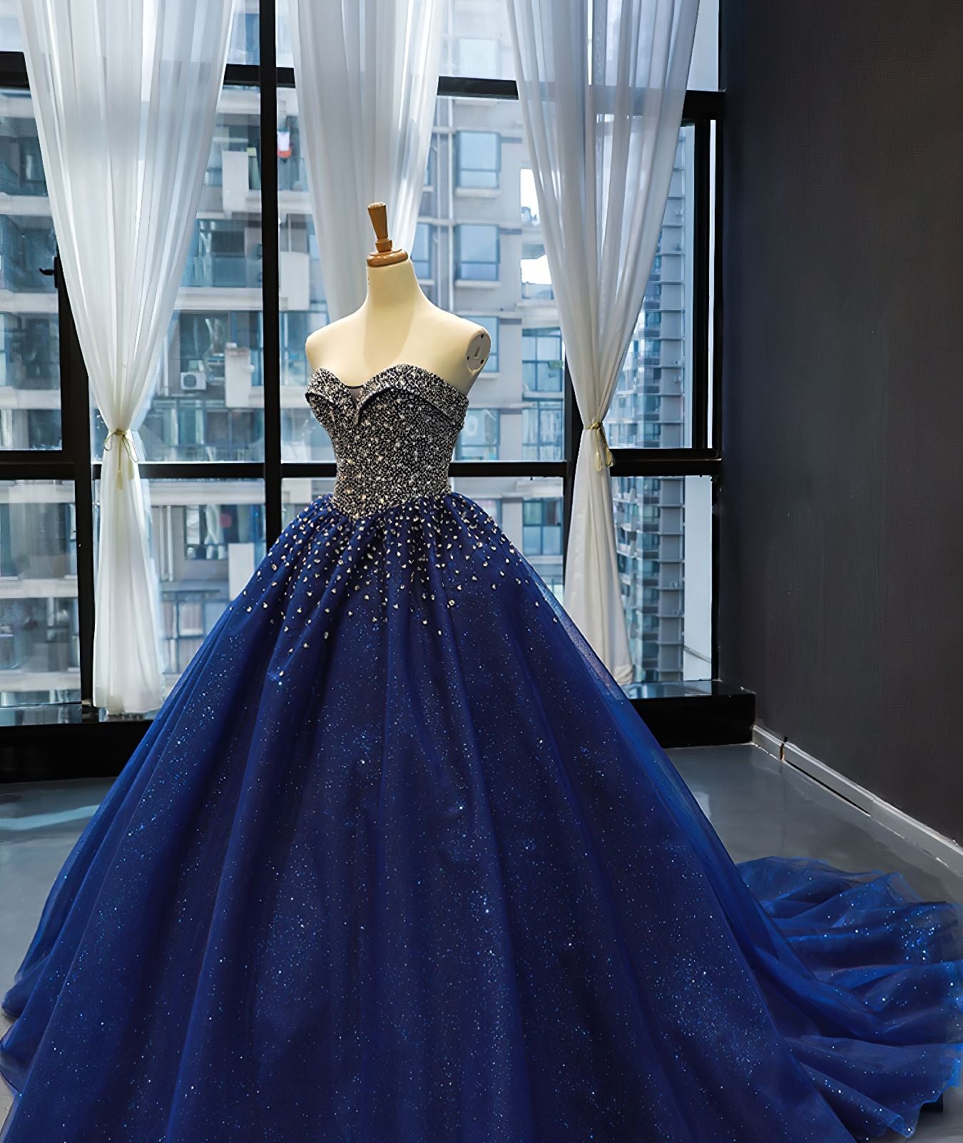 Strapless Sequined Bodice Navy Blue Quinceanera Dress - L4Y3B