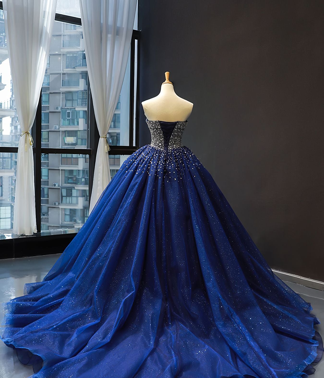 Strapless Sequined Bodice Navy Blue Quinceanera Dress - L4Y3B