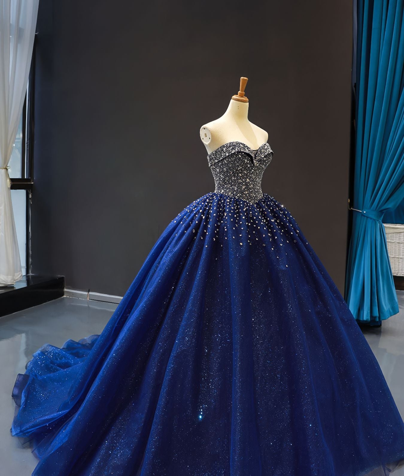 Strapless Sequined Bodice Navy Blue Quinceanera Dress - L4Y3B