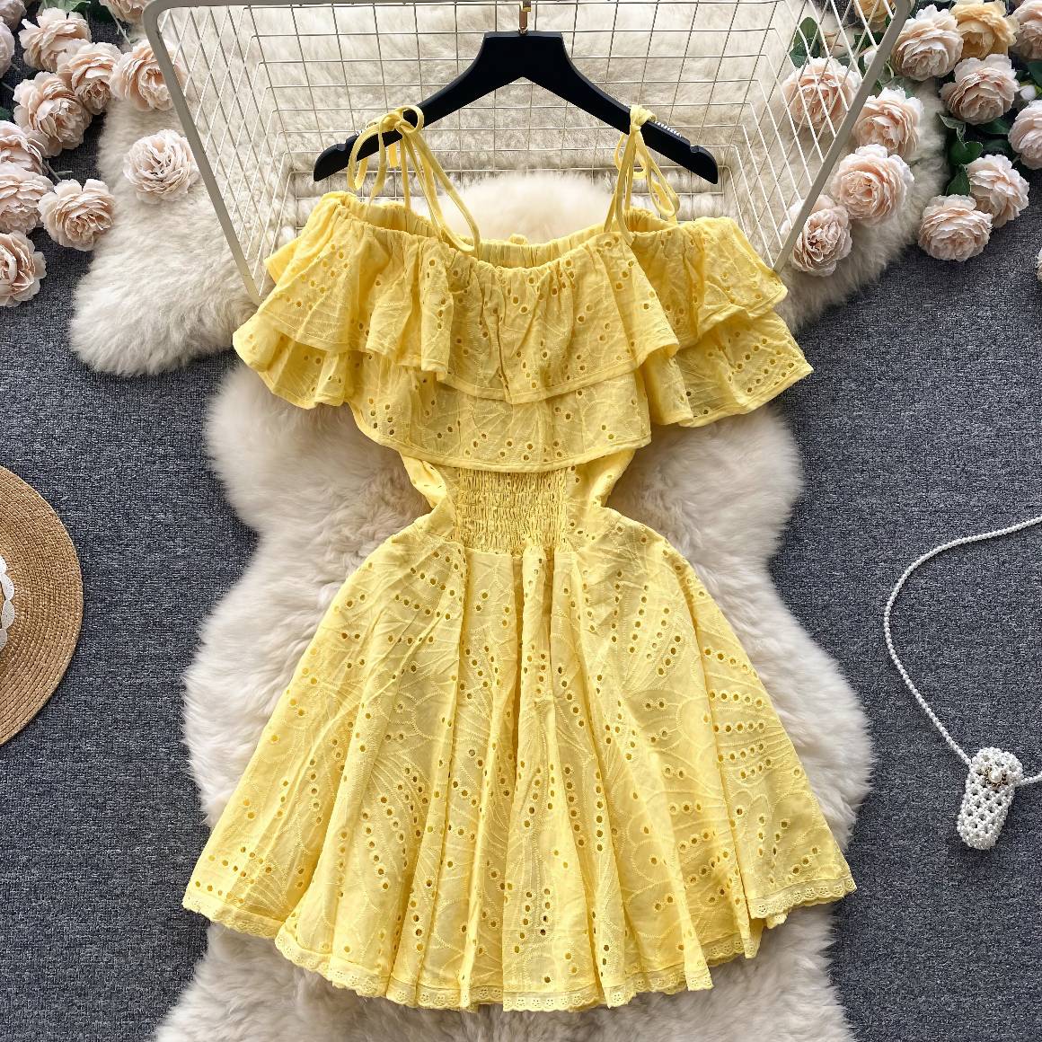 Strappy Ruffled Off-Shoulder Skater Mini Lace Dress
