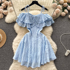 Strappy Ruffled Off-Shoulder Skater Mini Lace Dress