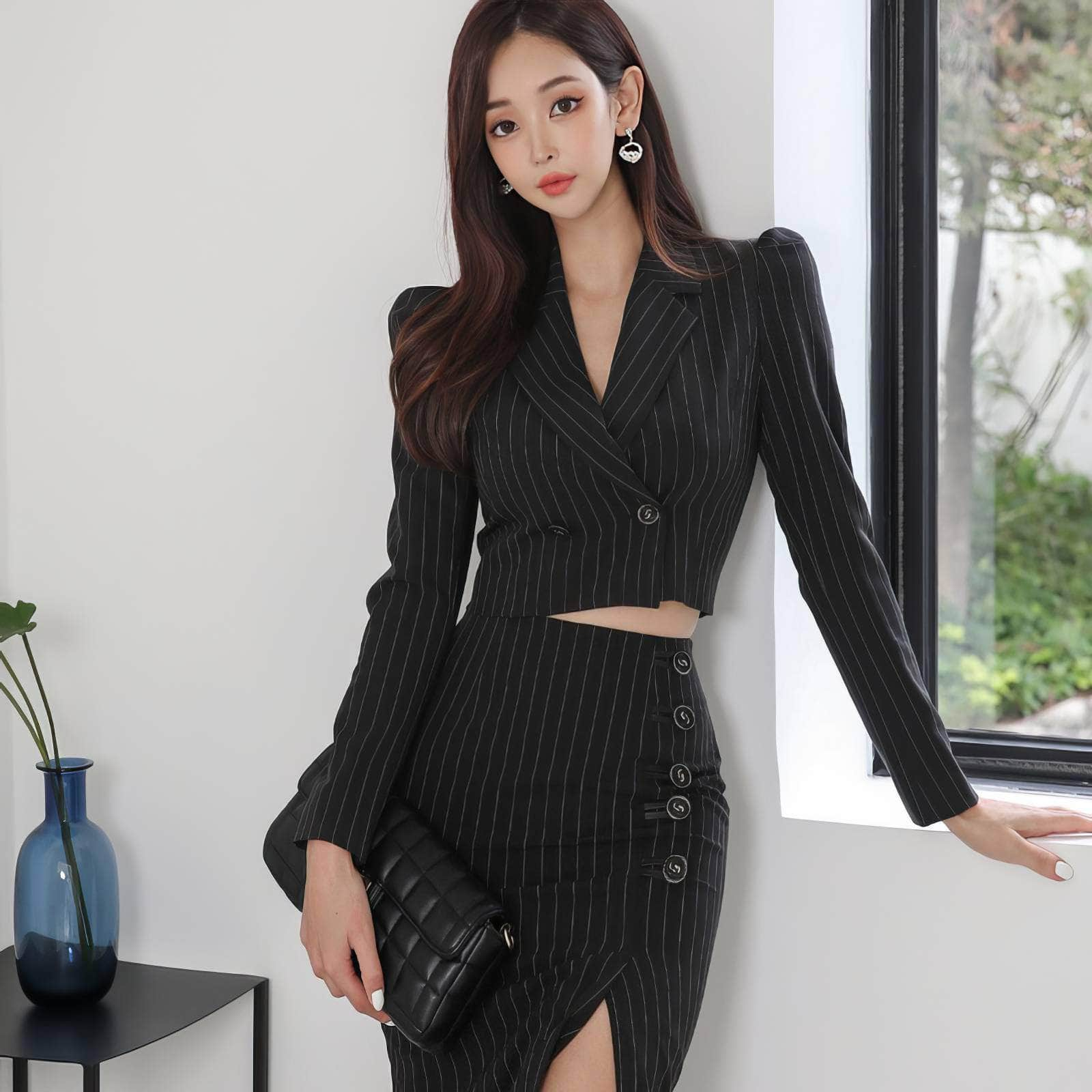 Striped Long Sleeve Two-Piece Suit High Slit Skirt