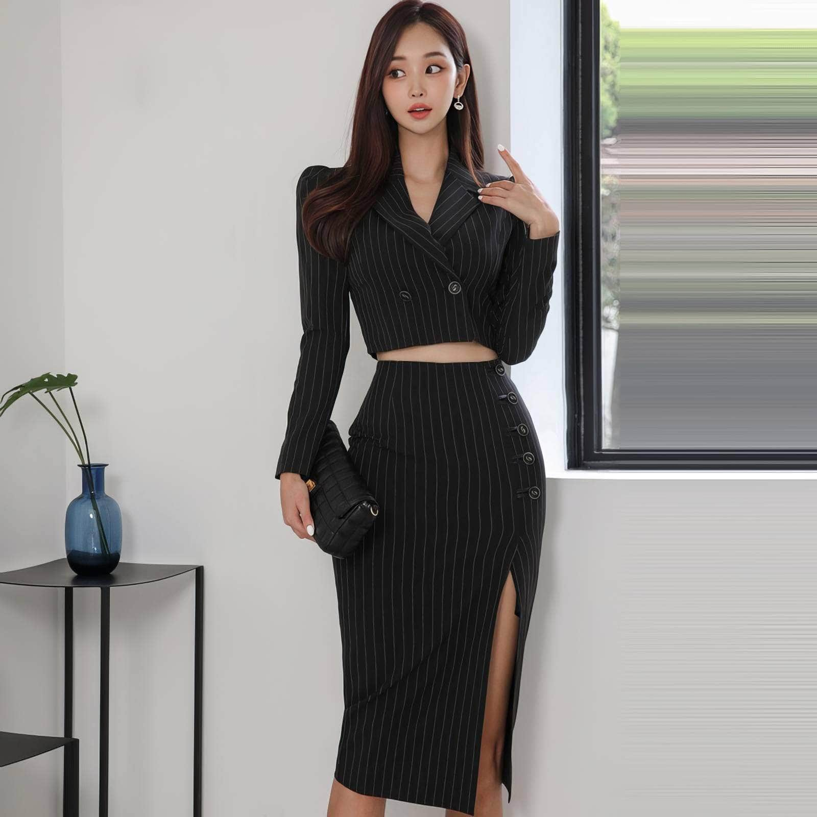 Striped Long Sleeve Two-Piece Suit High Slit Skirt