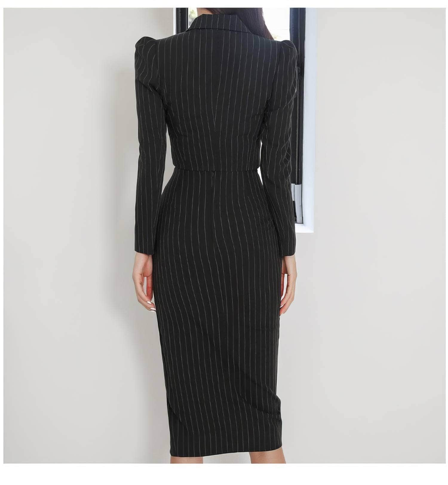 Striped Long Sleeve Two-Piece Suit High Slit Skirt