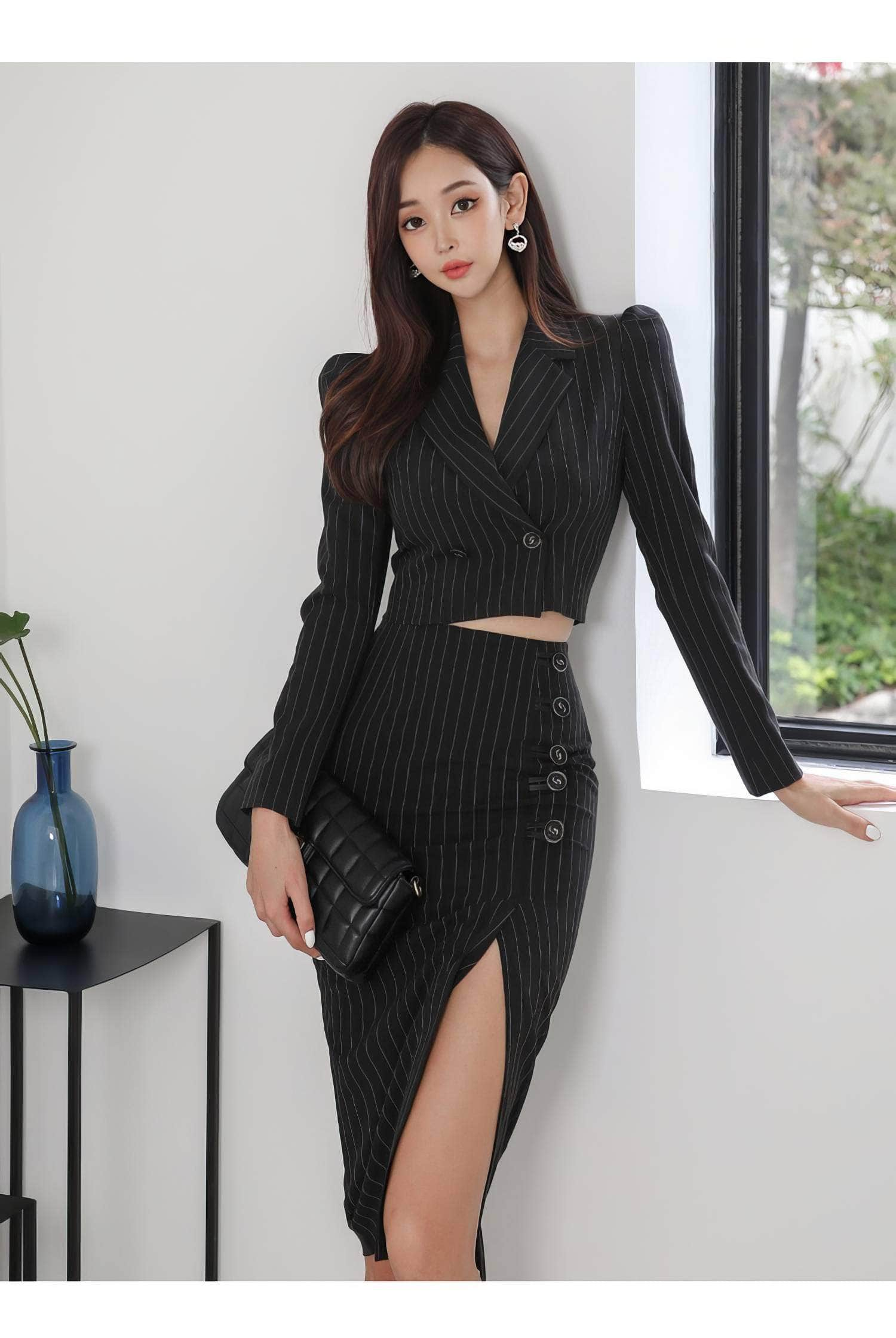 Striped Long Sleeve Two-Piece Suit High Slit Skirt