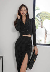 Striped Long Sleeve Two-Piece Suit High Slit Skirt