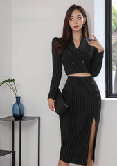 Striped Long Sleeve Two-Piece Suit High Slit Skirt