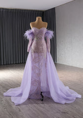 Tulle Overskirt Sequined Off-the-Shoulder Feather-Accented Dress - W3V6K