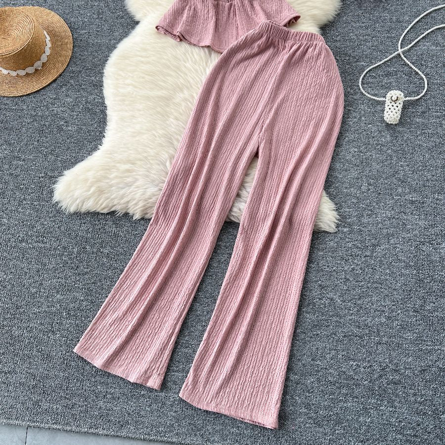 Two Piece Drawstring Top Set Rib Knit High Waist Pants