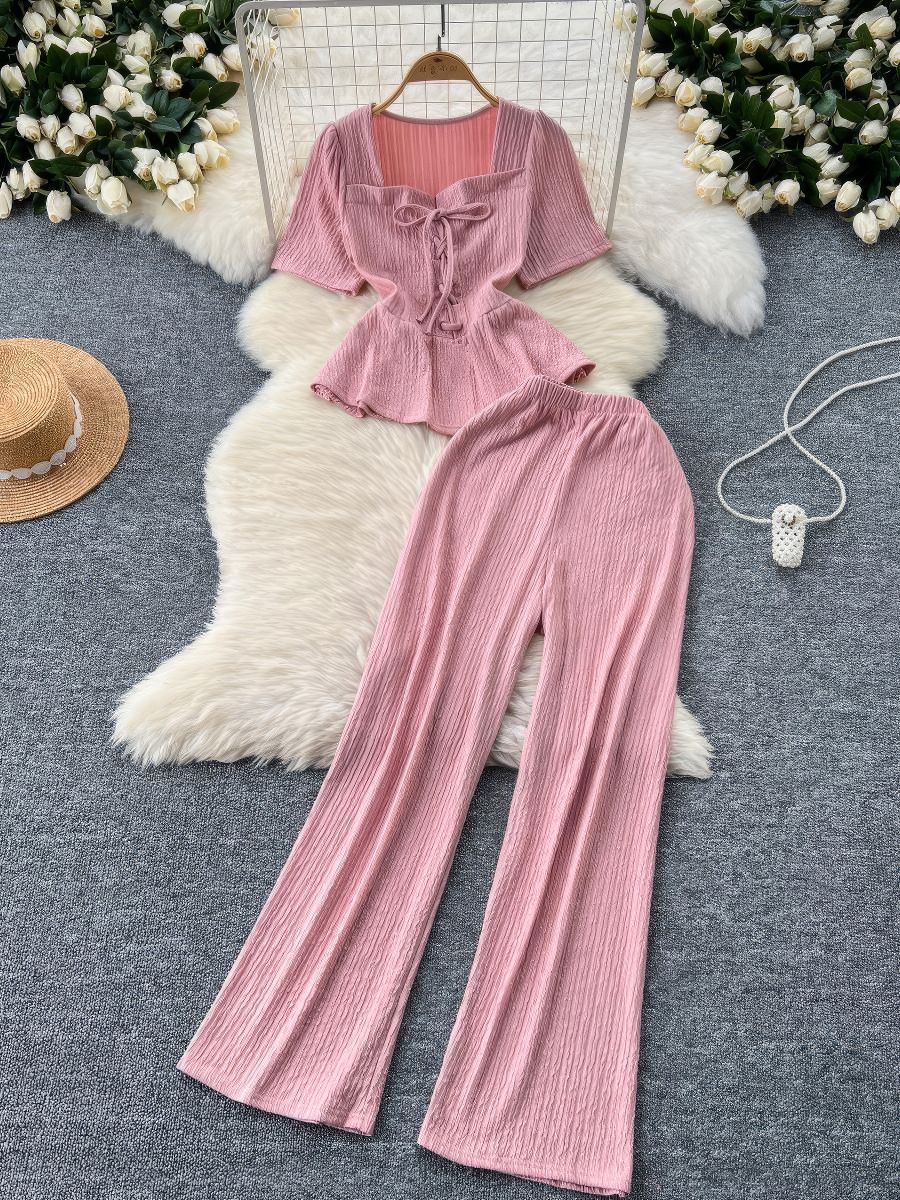 Two Piece Drawstring Top Set Rib Knit High Waist Pants