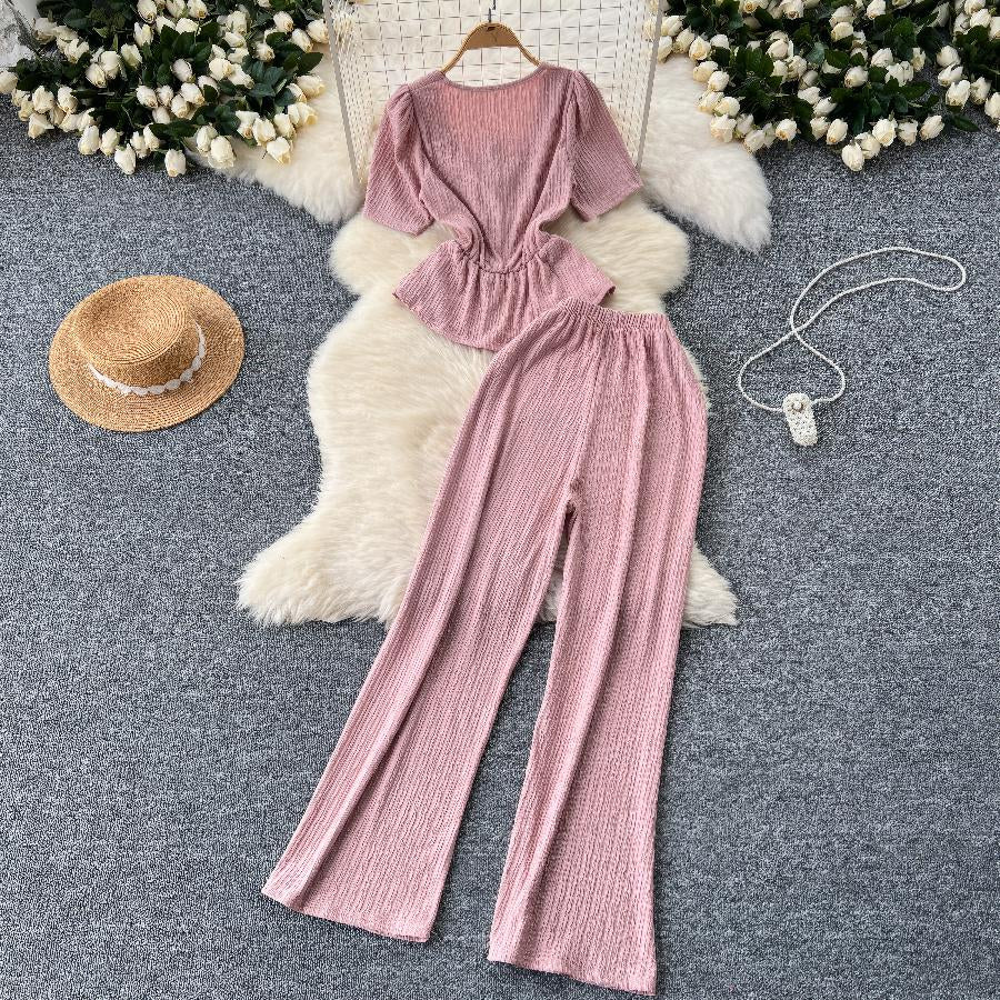 Two Piece Drawstring Top Set Rib Knit High Waist Pants