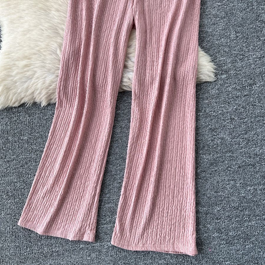 Two Piece Drawstring Top Set Rib Knit High Waist Pants