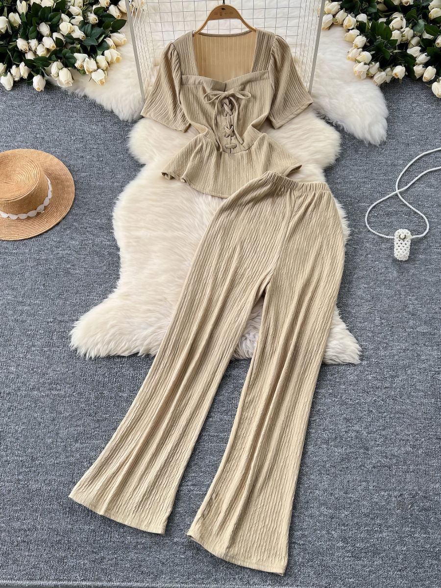 Two Piece Drawstring Top Set Rib Knit High Waist Pants