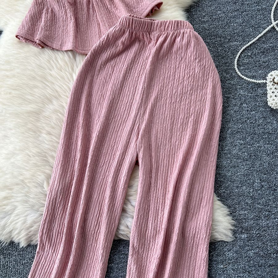 Two Piece Drawstring Top Set Rib Knit High Waist Pants