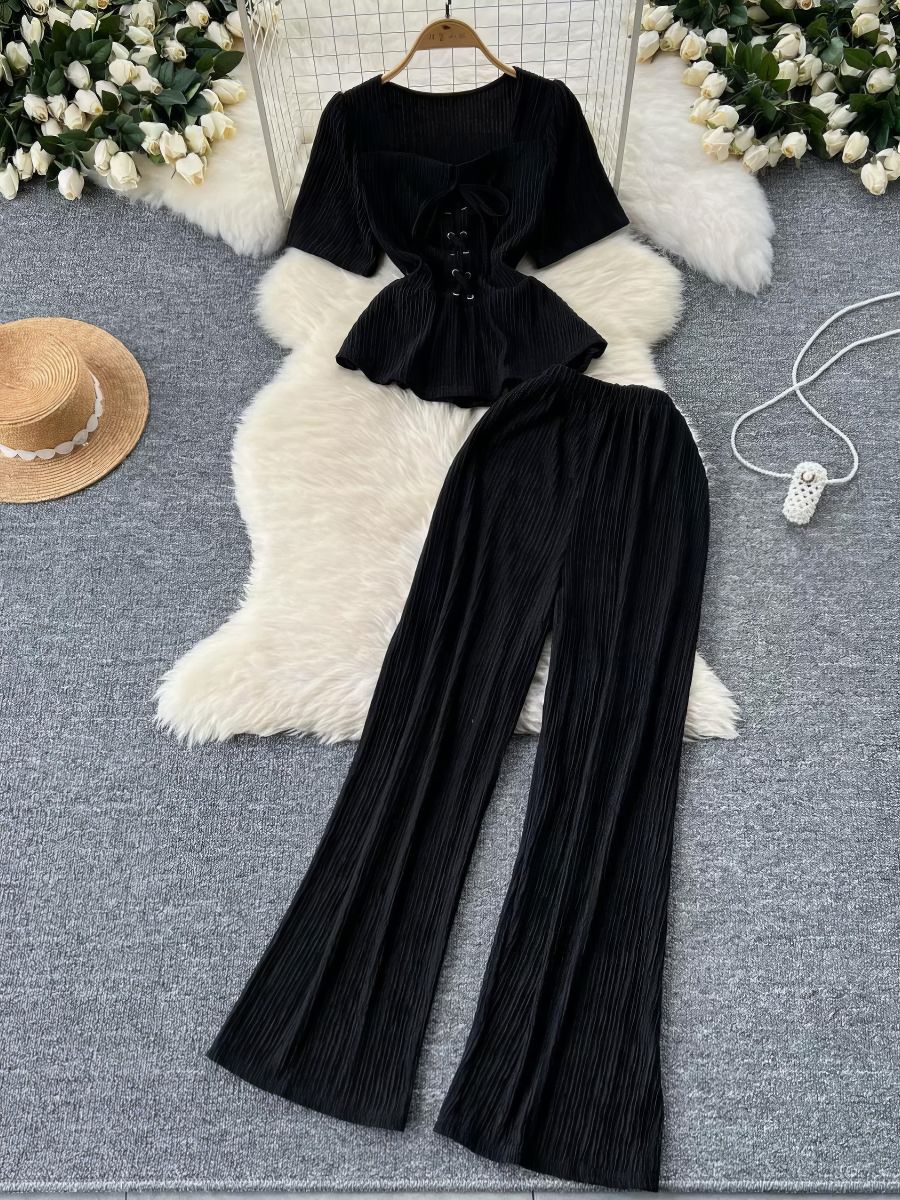 Two Piece Drawstring Top Set Rib Knit High Waist Pants