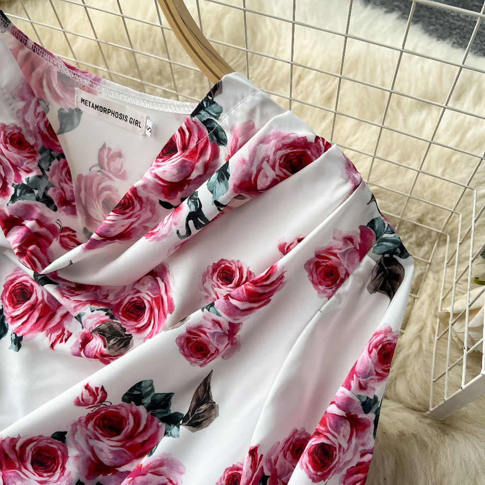 Two Piece Lantern Sleeves Blouse Floral High Waist Pants