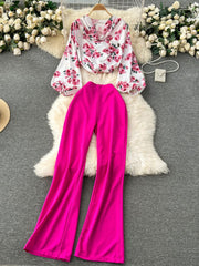 Two Piece Lantern Sleeves Blouse Floral High Waist Pants