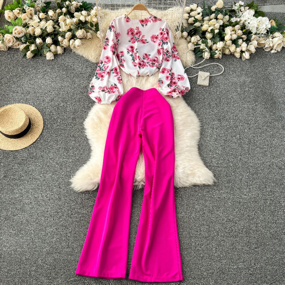 Two Piece Lantern Sleeves Blouse Floral High Waist Pants