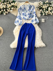 Two Piece Lantern Sleeves Blouse Floral High Waist Pants