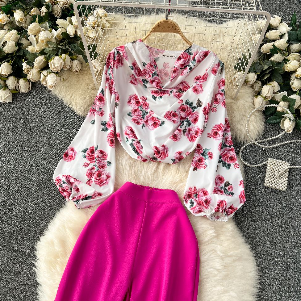 Two Piece Lantern Sleeves Blouse Floral High Waist Pants