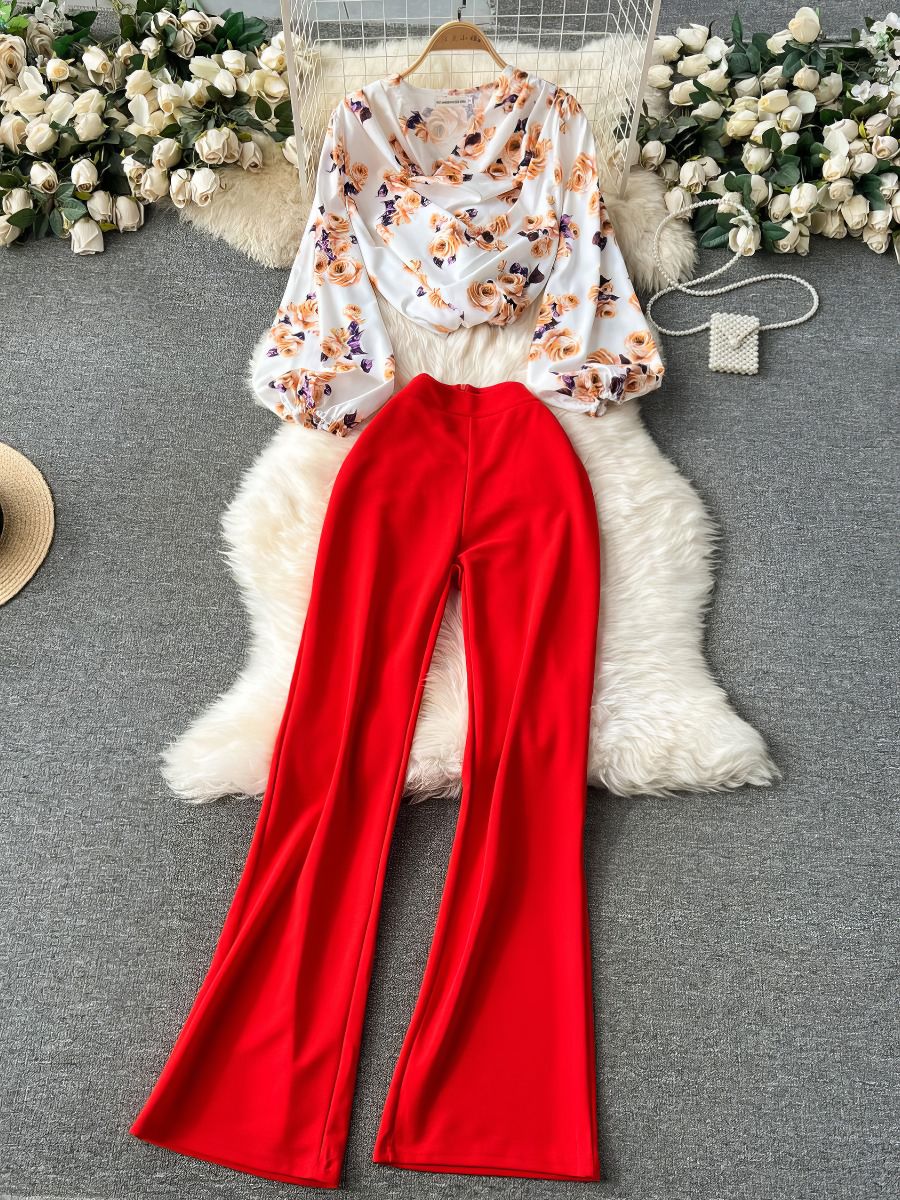 Two Piece Lantern Sleeves Blouse Floral High Waist Pants