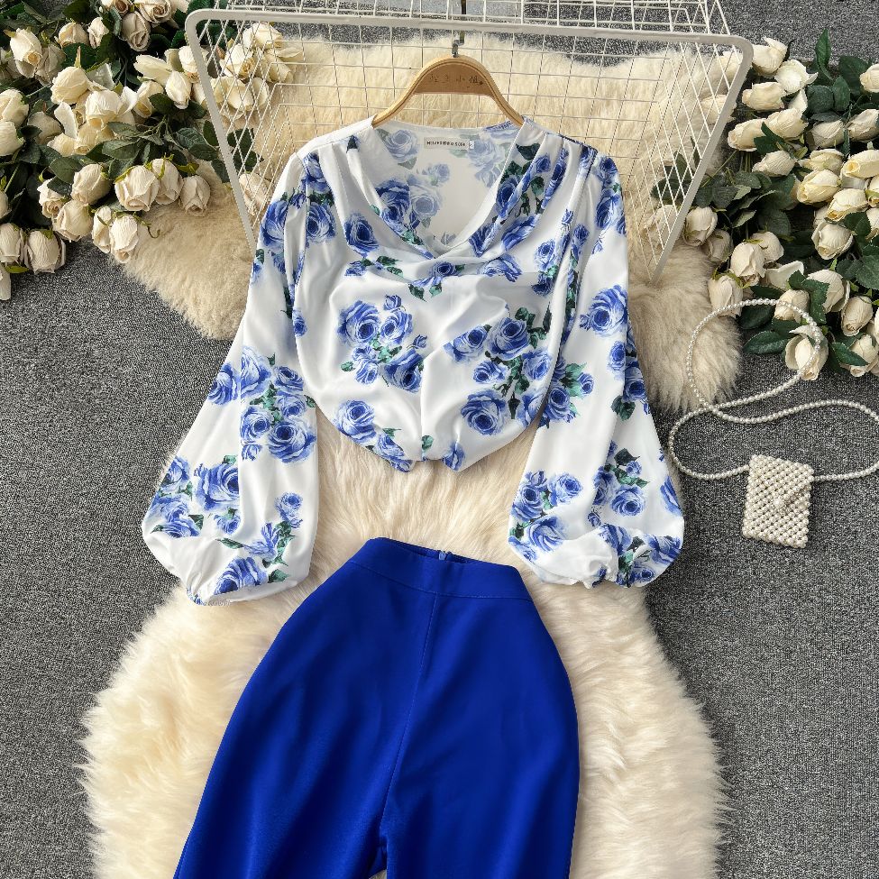 Two Piece Lantern Sleeves Blouse Floral High Waist Pants