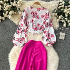 Two Piece Lantern Sleeves Blouse Floral High Waist Pants